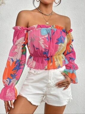 Off-Shoulder Pink Floral Peasant Top